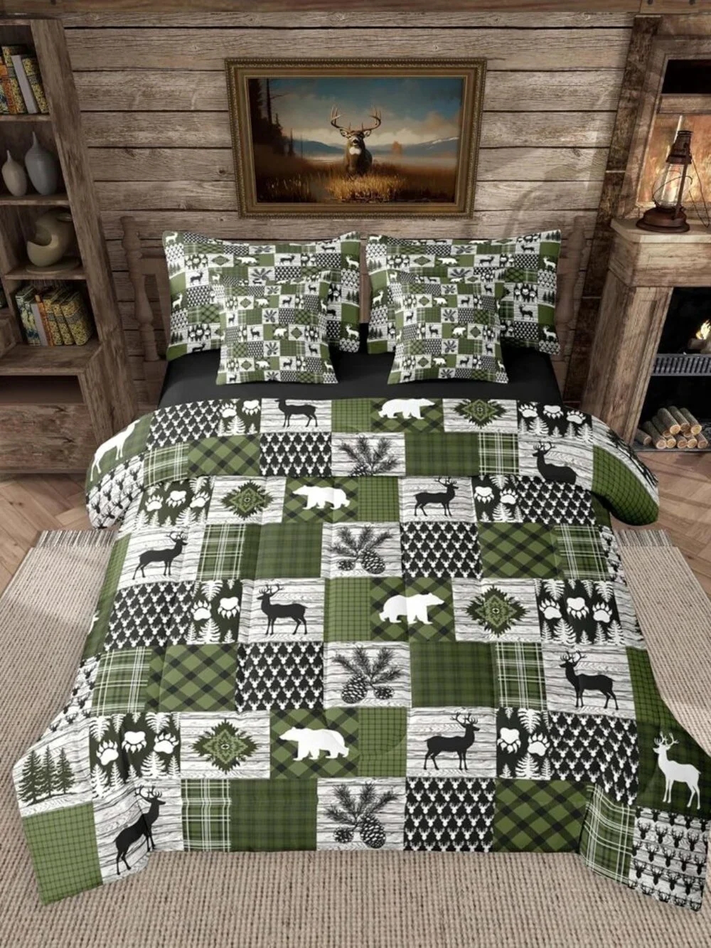 Lodge Plaid Comforter Set King Size 7 Pieces Bear Deer Bedding Set for Kids Boys
